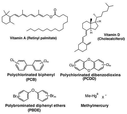 Structures of vitamins A and D, PCB, PCDD, PBDE and MeHg.