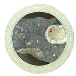 Selection of six measurement spots located in different positions of the meteoritic surface area