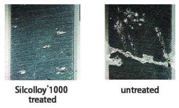 Type 316L stainless steel illustrates crevice corrosion whereas the same material when treated with Silcolloy® 1000 exhibits only minor pitting corrosion (ASTM G 48, Method B).