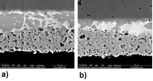 SEM image showing the intermetallic phase growth after accelerated aging: (a) Bismuth containing solder on (b) bus bar