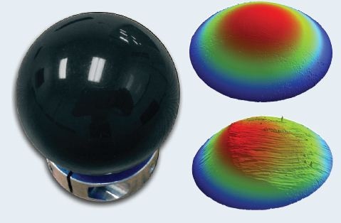 A triptic showing a PEEK (PolyEtherEtherKetone) sphere (left), the surface before wear testing (top right), and the surface after wear testing (bottom right). The images can be analyzed for volume of material lost, among other parameters.