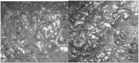 Photomicrographs of the surfaces of scrapers used on fresh hide (UFH1) (left) and dry hide (UDH1) (right) at 200x magnification. The fresh hide polish appears bright and “liquid-looking” on the higher microtopography of the crystal surfaces with minimal reticular polishing of the lower microtopography. The dry hide polish is both matte and pitted in appearance, with a much more reticular distribution on the lower microtopography; the higher microtopography has bright and flat polish zones on the crystal surfaces and lacks the “liquid” or “greasy” look of fresh hide polish. The width of each photomicrograph is approximately 400 µm.
