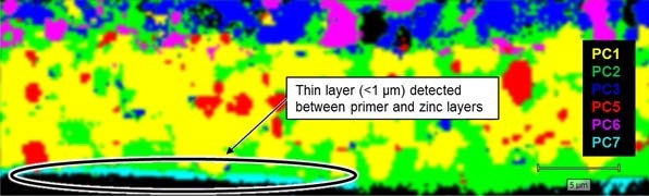 Raman image of the primer layer. Principal component 7 corresponds to a thin layer between the primer and zinc coating (visible inside the black oval).