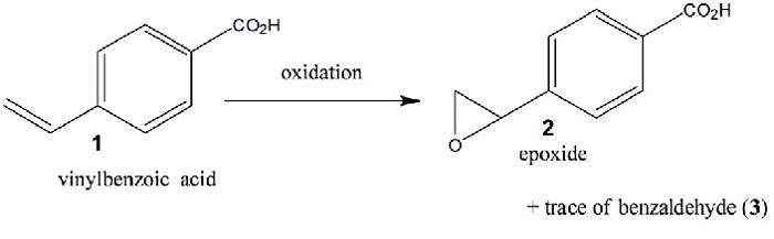 Schematic of the model reaction for demonstrating the technique. 4-Vinyl-benzoic acid is oxidized in water with H2O2 to form the reaction products, an epoxide and traces of the corresponding carboxybenzaldehyde. A manganese complex was used as the catalyst.