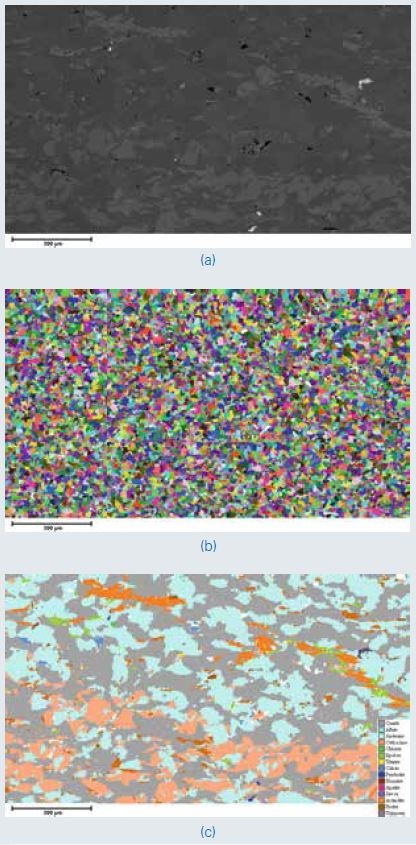 BSE image (a), segmentation image (b) and resulting mineral maps after Particle mode (c) of silicate minerals. 12 image frames were measured at 3.3 µm/pixel.