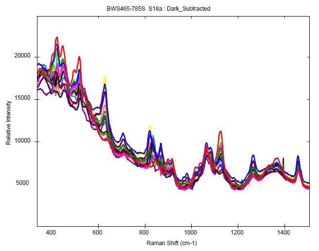Overlay of Raman spectra of tertiary solutions of glucose, fructose and sucrose.