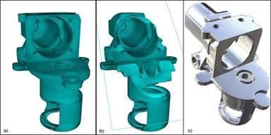 (a) Reconstructed 3D CT volume (b) Reconstructed CT Volume showing virtual slice, and (c) Surface capabilities reconstructed from 3D volume.