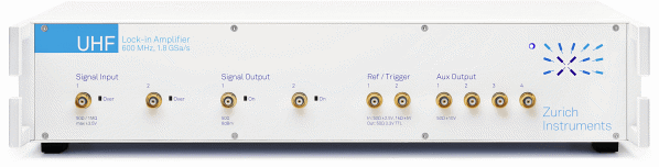 Zurich Instruments UHFLI Lock-in amplifier representing the state of the art of lock-in technology. The 600 MHz signal input bandwidth as well as the 5 MHz demodulation bandwidth make it by far the fastest lock-in amplifier on the market today. In addition, the 19 inch wide instrument integrates the greatest amount of functionality, see Figure 16, while providing the most advanced instrument control software LabOne® (see Figure 15).
