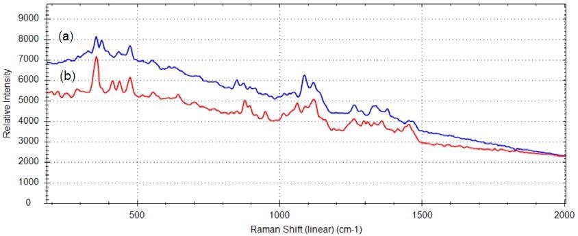 Spectra from (a) direct hand-held Raman measurement of Xanax tablet and (b) direct hand-held Raman measurement of lactose
