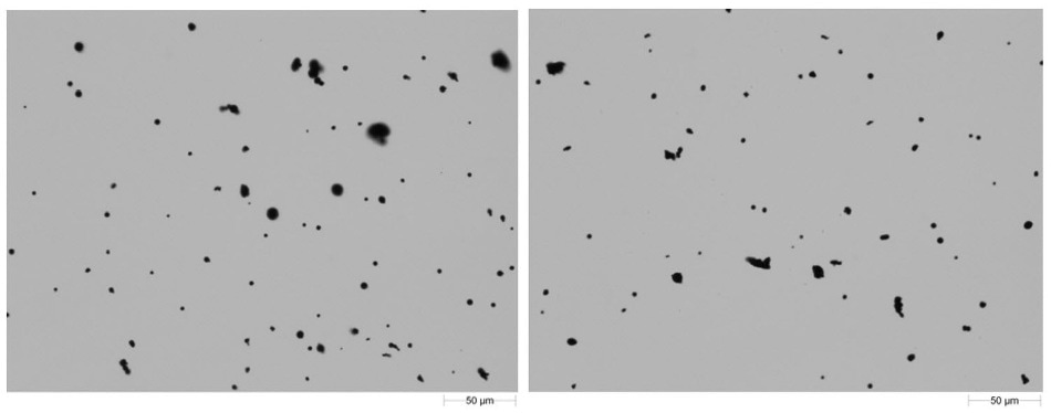 Field of view images of the two dispersed atomized metal samples with Sample A (left) and Sample B (right)