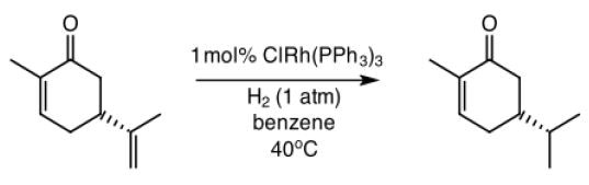 Reaction schematic for R-(-)-carvone hydrogenation with [ClRh(PPh3)3].