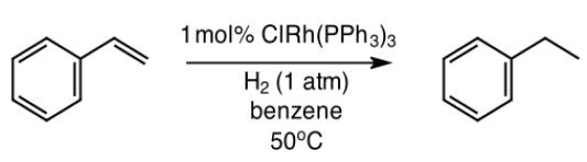 Reaction schematic for sytrene hydrogenation with [ClRh(PPh3)3] to afford ethyl benzene.
