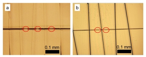 a) Photography of a cross-section specimen after ion milling using a broad Ar ion beam, resulting in several holes in between the carbon fibers. b) The PIPS II system permits alignment of the Ar beams in such a way that holes form only within a small region of interest.