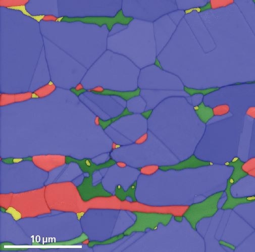 Phase map of a heat-treated duplex steel. 622 x 512 pixel resolution patterns were collected at 493 pps. Blue – austenite, Red – ferrite, Green – Sigma, Yellow – Chi.