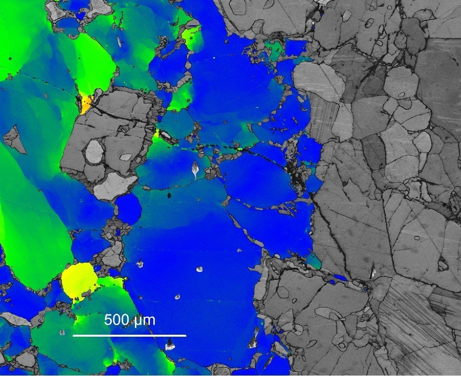 Map showing the deformation within omphacite grains using the Grain Relative Orientation Distribution map component, superimposed on a pattern quality map.