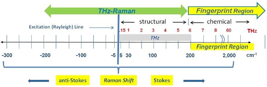 Spectral range of THz-Raman spectroscopy showing both fingerprint and THz-Raman regions.