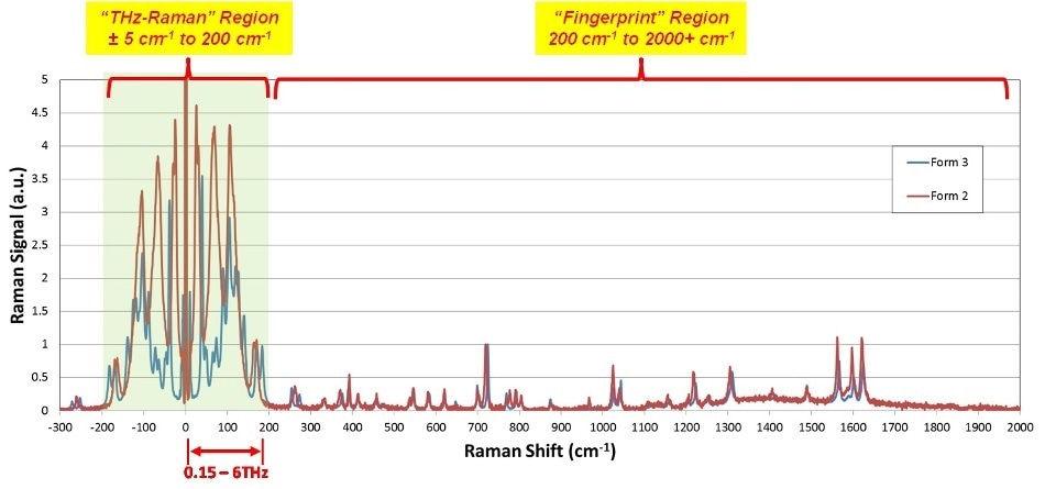 Complete Raman spectra of Carbamazepine Polymorphs Forms 2 and 3. Note much clearer differentiation in the THz-Raman region, as well as peak intensities more than 4x those in the fingerprint region.