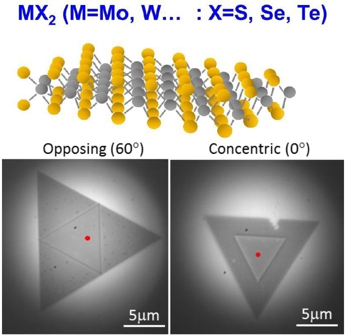 Generalized chemical structure of TMDs, showing the metal (grey) and chalcogenide (yellow) atoms , adapted from S. Mouri, K. Matsuda et al., Nano Lett. 13, (2013) 5944. (Top) and Optical Micrographs (100x) of two layer MoSe2 substrates. Red dot indicates the approximate location of the Raman measurement (Bottom)