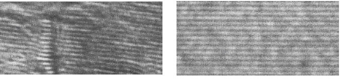 Electron microscope pictures: left graphite layers before heat treatment with disordered layers and right after heat treatment up to 2200 °C with completely straightened layers