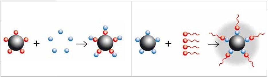Neutralization of charged particles by adding a buffer (electrostatic stabilization, left) or by adding long-chained molecules (steric stabilization, right)