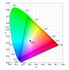 A color gamut with a white point marked
