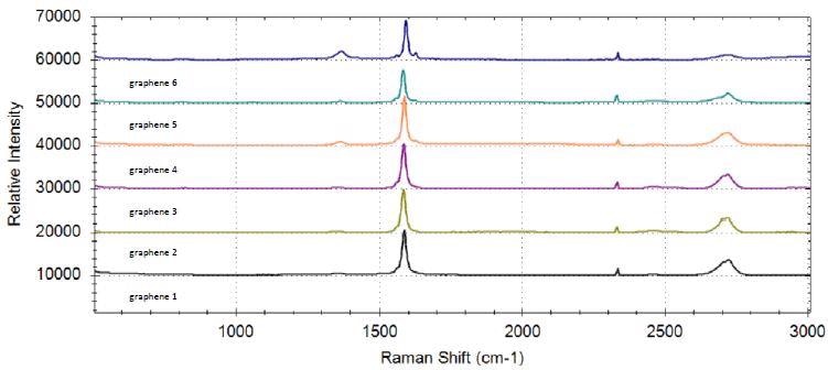Raman spectra of six graphene samples