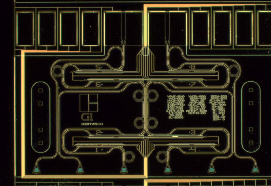 Dark field micrograph of a device for a controlled NOT quantum operation.