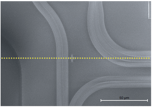 Micrograph of a waveguide that crosses the boundary between two write fields