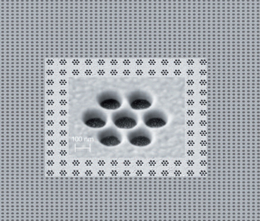 Plasmonic device of oligomer array directly fabricated into Au film by focused ion beam with excellent homogeneity and placement accuracy over a large area. The remaining ribbons between adjacent circles scale down to 30 nm in the 80 nm-thick Au film. Sample courtesy of University of Stuttgart, 4th Physics Institute, and patterning done by Raith GmbH.