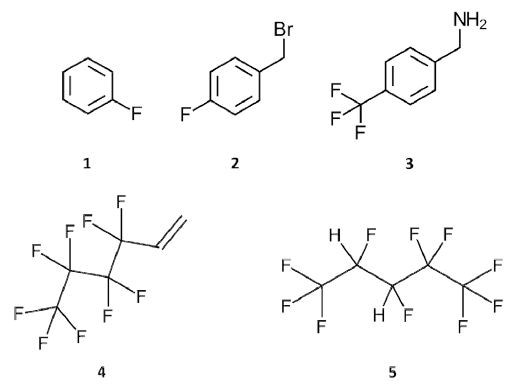 Chemical structures of the fluoroorganic compounds used in this study. (1) Fluorobenzene; (2) 4-fluorobenzyl bromide; (3) [4-(trifluoromethyl)phenyl]methanamine; (4) perfluoro-n-butyl ethylene, trade name Zonyl® PFBE; and (5) 2H,3H-decafluoropentane, trade name Vertrel® XF.