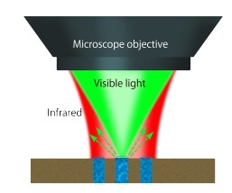 A pulsed tunable, IR source is focused on sample. Absorbed IR light causes sample to heat up, creating a photothermal response in the sample. A visible laser probe measures the photothermal response due to IR absorption