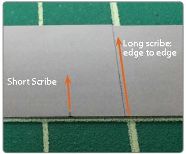 Short scribe is used for crystalline materials and long scribe is used for amorphous materials or for cleaving counter to a crystal plane. The orange lines show the direction of the cleave.