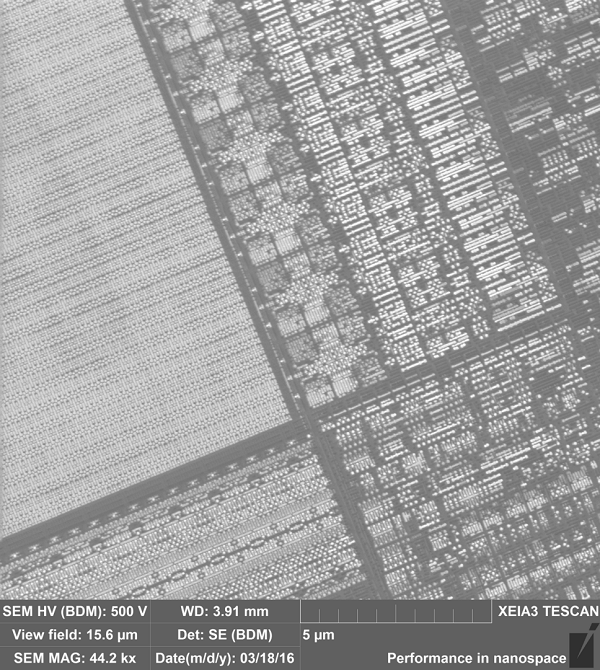 A deprocessed microelectronics chip imaged using SEM