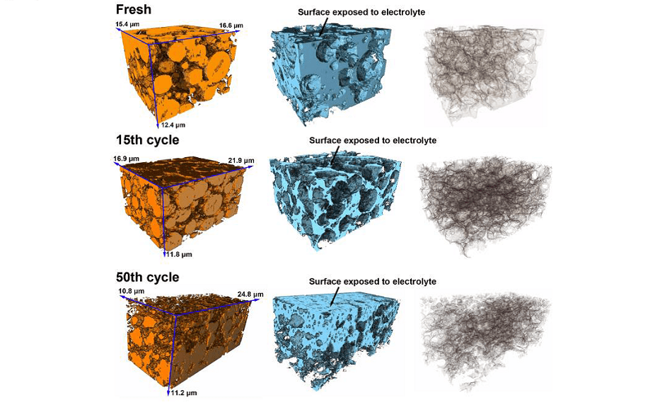 3D reconstructions of electrodes at various cycling stages in terms of active particles (left), porosity with carbon black (middle) and phase interfaces (right). Courtesy of Dr. Bohang Song, University of Oxford
