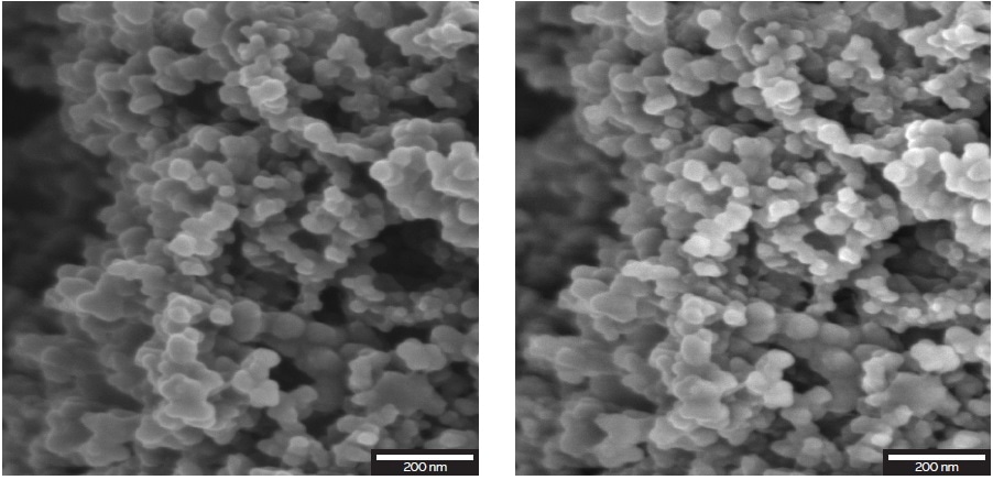 Nanostructures of a Li cathode observed with the Multidetector (left) and the Axial detector (right) imaged at 2 keV.