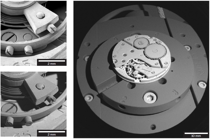 Sample: mechanism of a Swiss watch. Images acquired in the Depth mode with the E-T (top left) and BSE (bottom left) detectors. Image acquired in the Wide Field mode with the BSE detector.