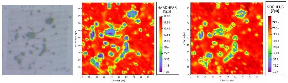 For CoorsTek TTZ, surface maps of hardness (top) and Young’s modulus (bottom. The center image shows the indentation array (50 x 50) used to generate the mechanical-properties maps.