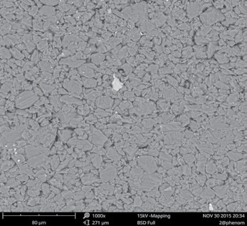 The structure of an electrode imaged with a BSD detector. The bright particle close to the center has a different composition compared with the rest of the sample.