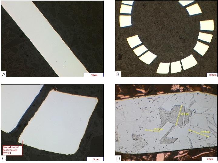 A) show a sheet metal of AISI 316LVM steel as polished, (B) shows a rolled sheet and laser machined, (C) illustrates a high magnification image of a machined region to ascertain presence of heat affected zone and (D) shows corresponding austenitic microstructures for grain size measurement electroetched using 10% oxalic acid.