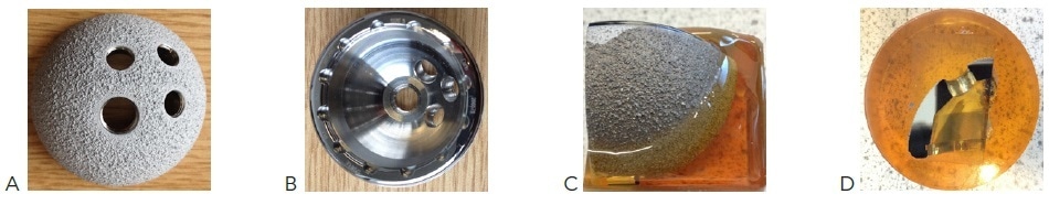 (A) and (B) illustrates an acetabular cup made of Titanium (substrate) and coated with HA and Titanium powder through flame spray technique. (C) shows encapsulated sample in epoxy for section and (D) illustrates remounted sectioned sample ready for grinding/polishing steps.