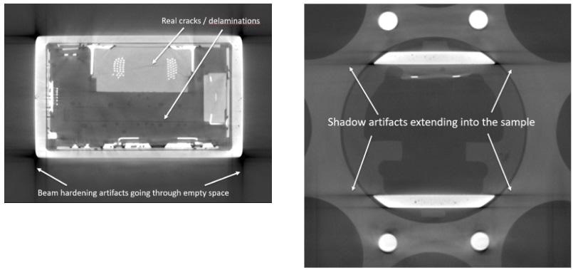 Examples of beam hardening “shadow” artifacts along the edges of flat, dense surface boundaries. Note that artifacts are especially accentuated along long, flat surfaces versus rounded or irregular objects.