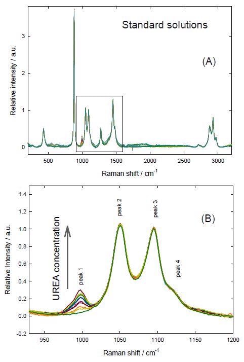 Normalized spectra of the standard solutions of urea + SA in ethanol. (A) Complete spectra (B) Analyzed region.