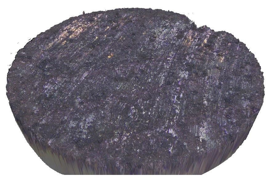 3D view of used test pad after tribology test, with color map overlay. The color overlay reveals differences of reflectivity linked to the material components.