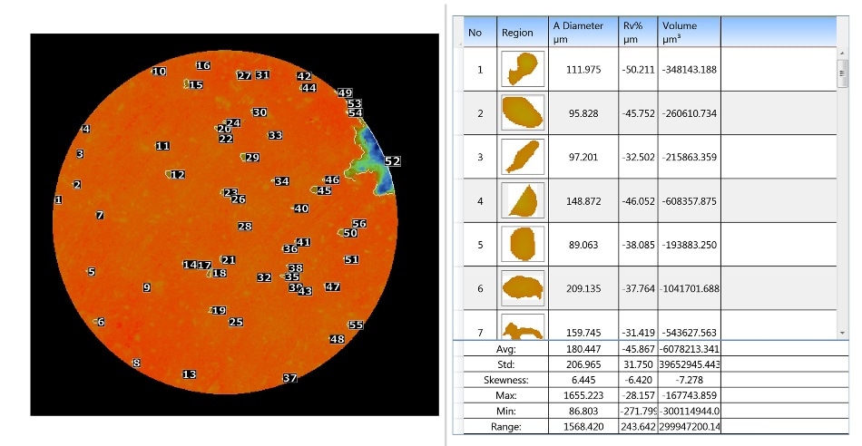 Automatic characterization of parameters such as average diameter, area, deepest point (Rv%), and volume can be calculated for each pit with summary results for complete assessment of galling/tearing damages. Data are ranked from lowest to highest volume.