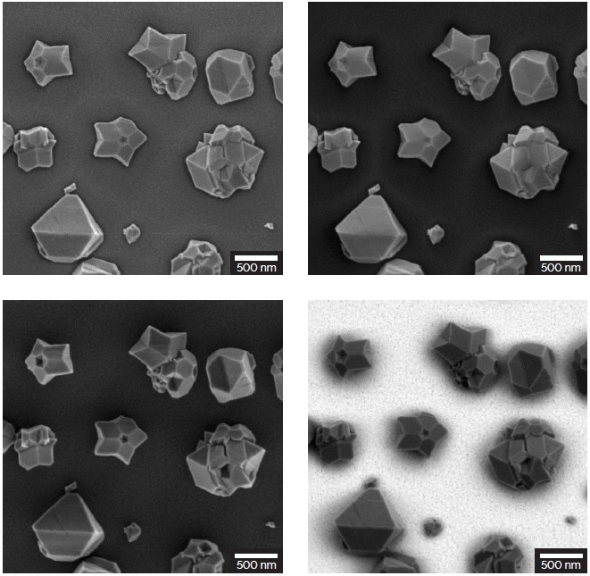 Fault planes and complex geometries of individual particles in nanocrystalline diamonds on Si substrate acquired at 2 keV with the four detectors Multidetector (top left), Axial detector (top right), E-T detector (bottom left) and BSE detector (bottom right)