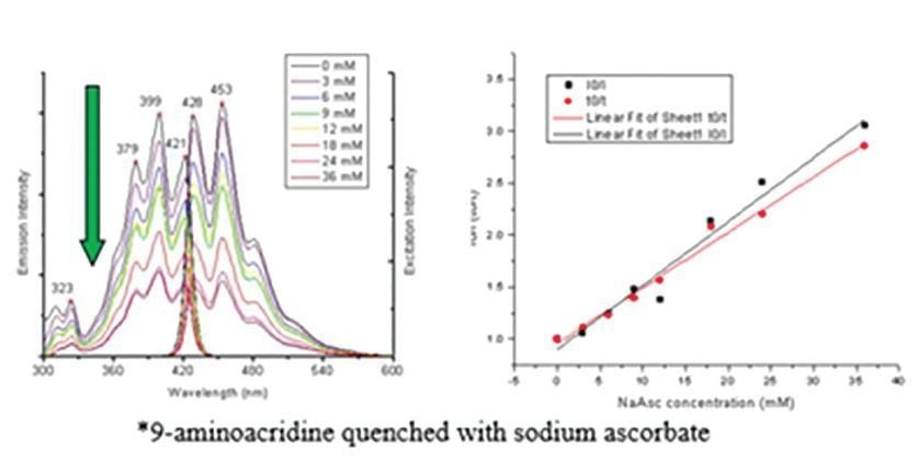 Left: Fluorescence excitation and emission spectra for different concentrations of sodium ascorbate quenching fluorescence from 9-aminoacridine. Center: Frequency-domain lifetime by modulation and phase measurements (center) for the same solutions. Right: Lifetime and intensity ratios (I/I0 and t/t0) versus concentrations. Linear fits to these plots yield quenching constants.