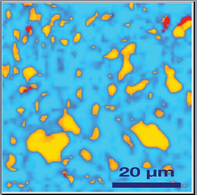 Raman image LiCoO2 cathode after a cycling process, the presence of CoO2 was detected: blue color corresponds to the presence of amorphous carbon, orange spots shows the distribution of LiCoO2, and red spots corresponds to different concentrations of CoO2.
