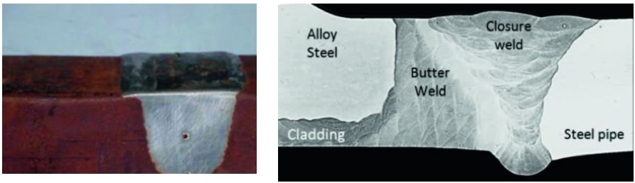 Welding of cladded pipes. Containing a dissimilar weld material (left) and a weld used to join two different materials (right).