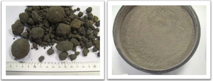 Cement clinker sample before (left) and after (right) grinding in the RS 300 XL.