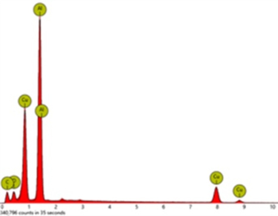 Typical EDX spectrum: y-axis depicts the number of counts and x-axis the energy of the X-rays. The position of the peaks leads to the identification of the elements and the peak height helps in the quantification of each element’s concentration in the sample.